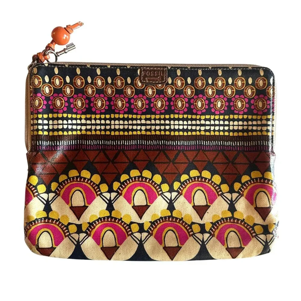 Fossil Key-Per Pouch Tribal Print Coated Canvas Cosmetic Tech Clutch
